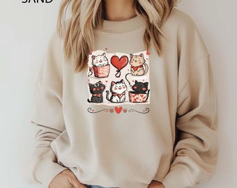 Happy Valentines Cat Sweatshirt, Women's Cat Lover Gift, Valentine Sweater, Heart Romantic Kittens Hoodie