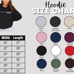 The image is a size chart for a hoodie, showing the different widths and corresponding colors available. The chart includes a table with widths ranging from 20 to 32 inches and corresponding color options such as Pink, Navy, Maroon, Black, White, Red, and more. The chart also includes a list of color names and descriptions for each width.