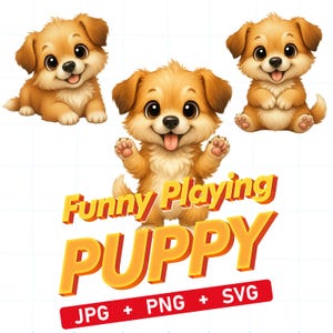 May include: Three cartoon puppies with brown and tan fur, big black eyes, and pink tongues. The puppies are in different poses, with one in the center with its paws up. The text "Funny Playing PUPPY" is in yellow and orange.