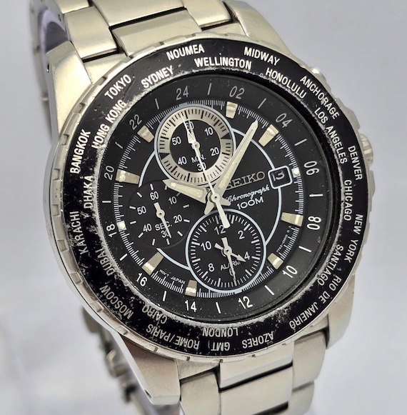 オド Seiko 7T62-OJH0 World Time Chronograph GMT Automatic Vintage Men's