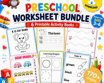 Preschool Printable Worksheets Bundle, Alphabet, Numbers, Shapes, Counting (Digital Download)