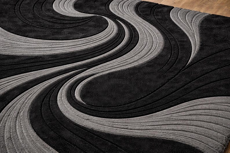 Modern Abstract Wave Rug Hand Tufted Wool Rug Black Gray Area Rug ...