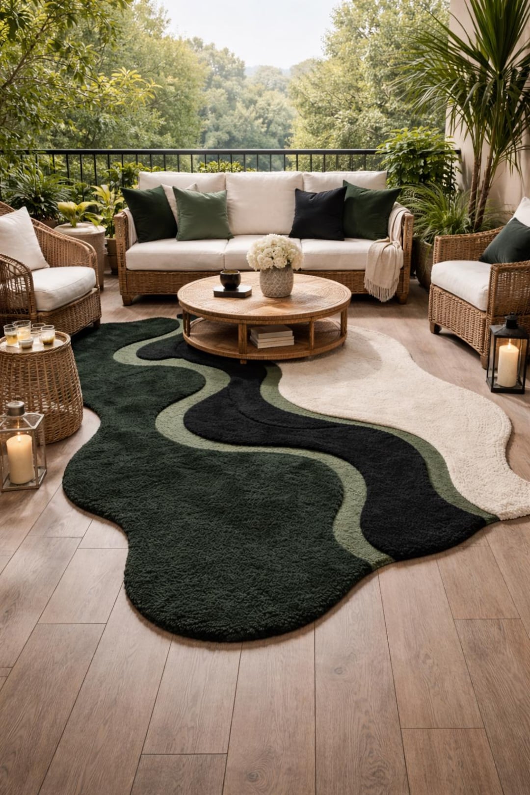 Hand Tufted Wool Rug Organic Shape Sage Green Rug Wavy Irregular Area ...