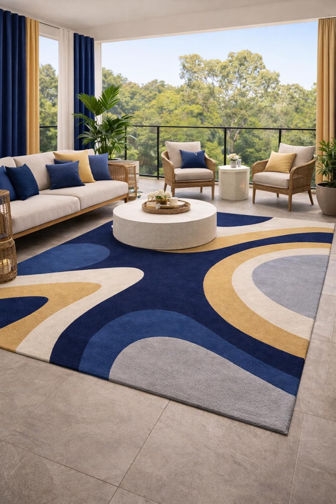 5x7 Hand Tufted Wool Rug Navy Blue Gold Abstract Wave Mid Century ...