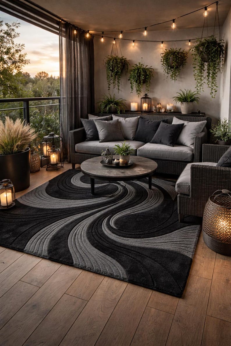 Modern Abstract Wave Rug Hand Tufted Wool Rug Black Gray Area Rug ...