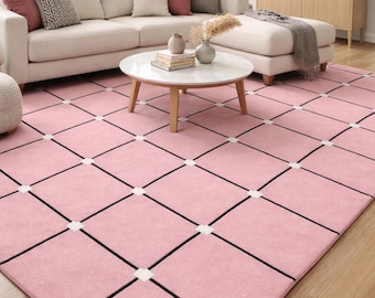 geometric rug 9x12 Modern hand tufted pink wool Rug 5x8 6x9 10x14 Handmade Wool Area Rug Checkered pattern for Living Room Dining Bedroom