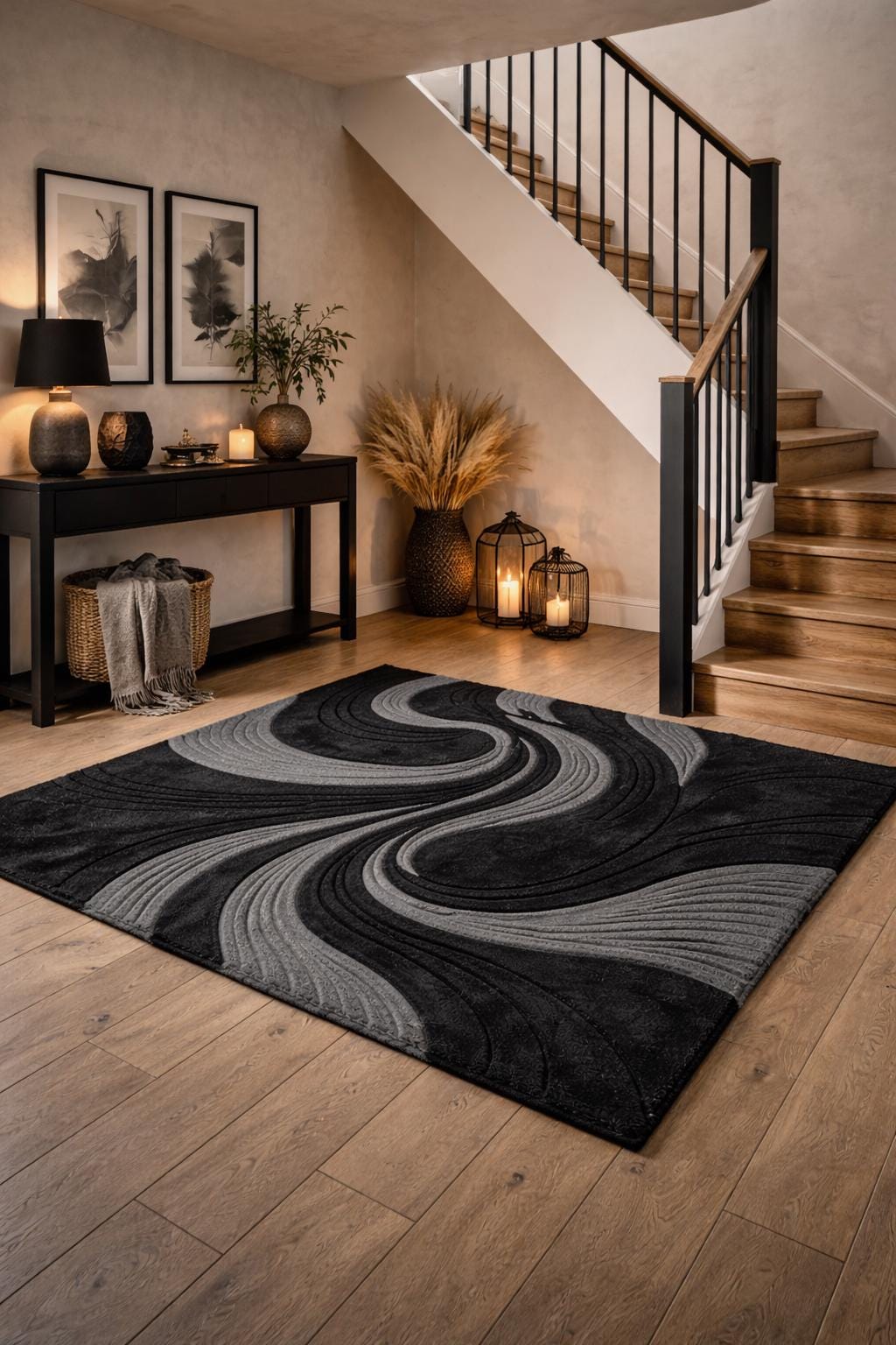 Modern Abstract Wave Rug Hand Tufted Wool Rug Black Gray Area Rug ...