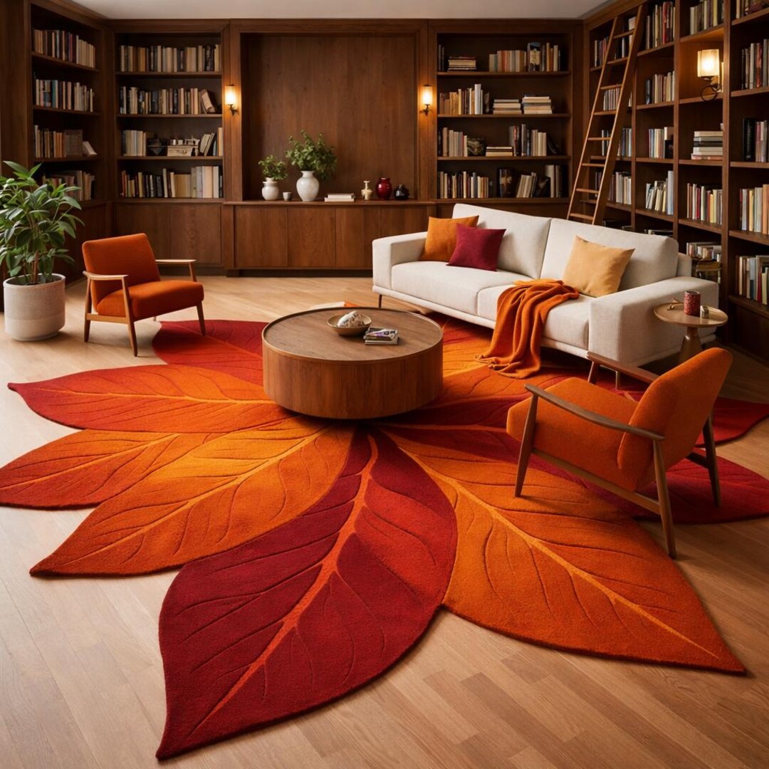 Autumn Leaf Shaped Hand Tufted Wool Area Rug Mid Century Modern Organic ...