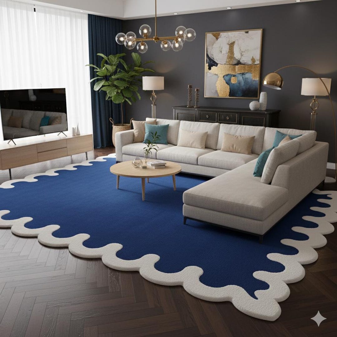 Hand Tufted Blue Wool Rug With Ivory Wavy Border Modern Organic Shape ...