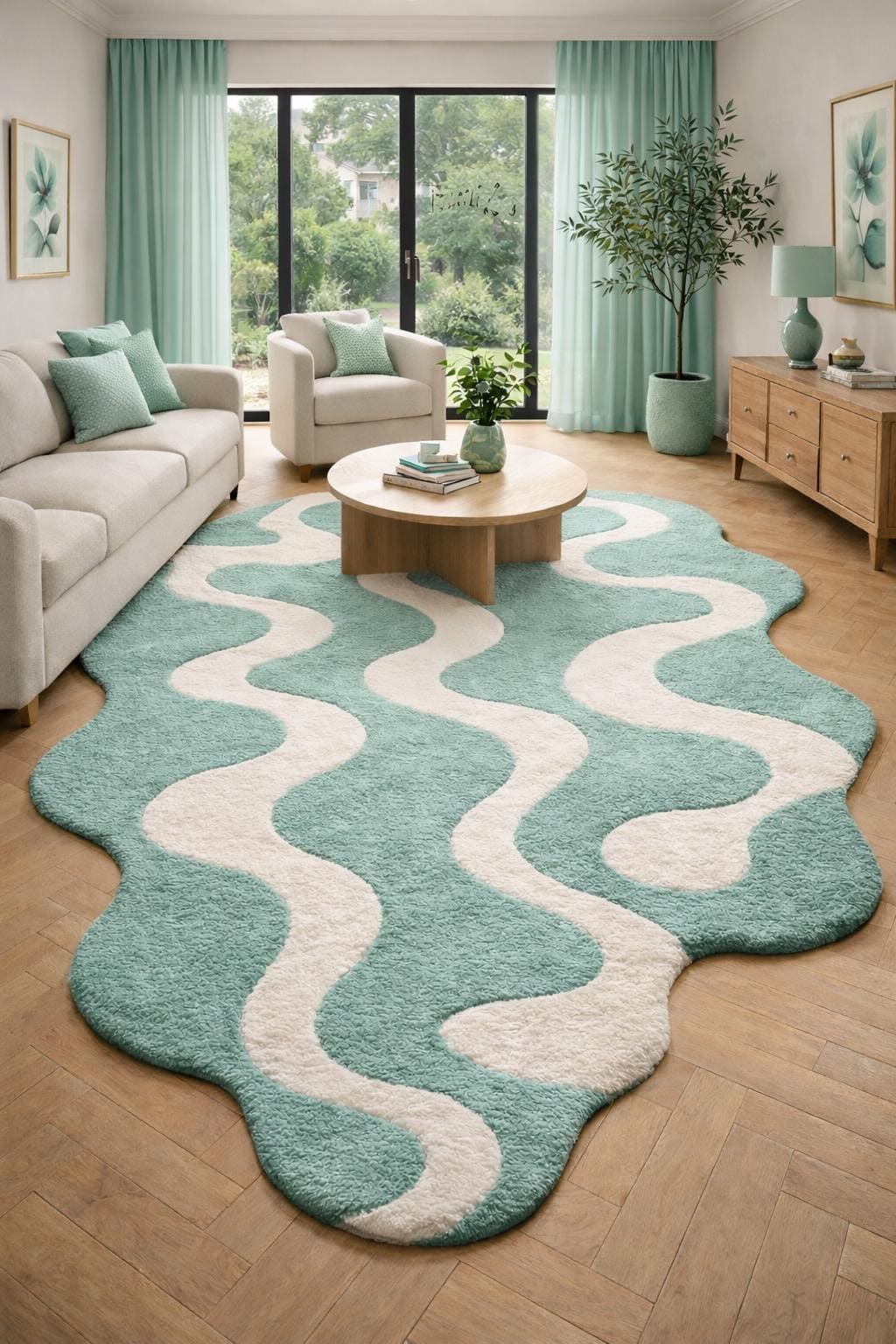 Sage Green Wavy Rug Hand Tufted Wool Rug Organic Shape Retro Mid ...