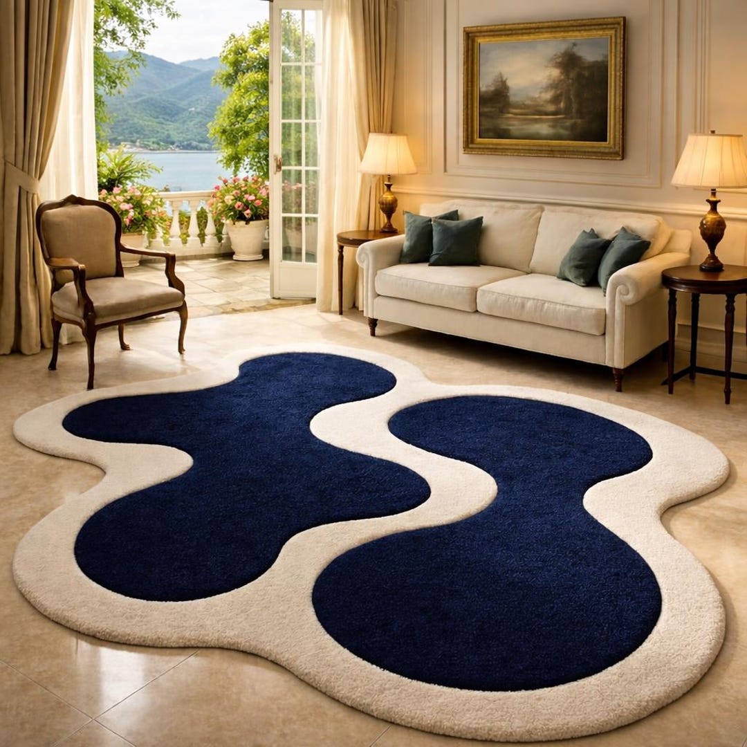 Mid Centurymodern Abstract Area Rug Hand Tufted Wool Rug Navy Blue Rug ...