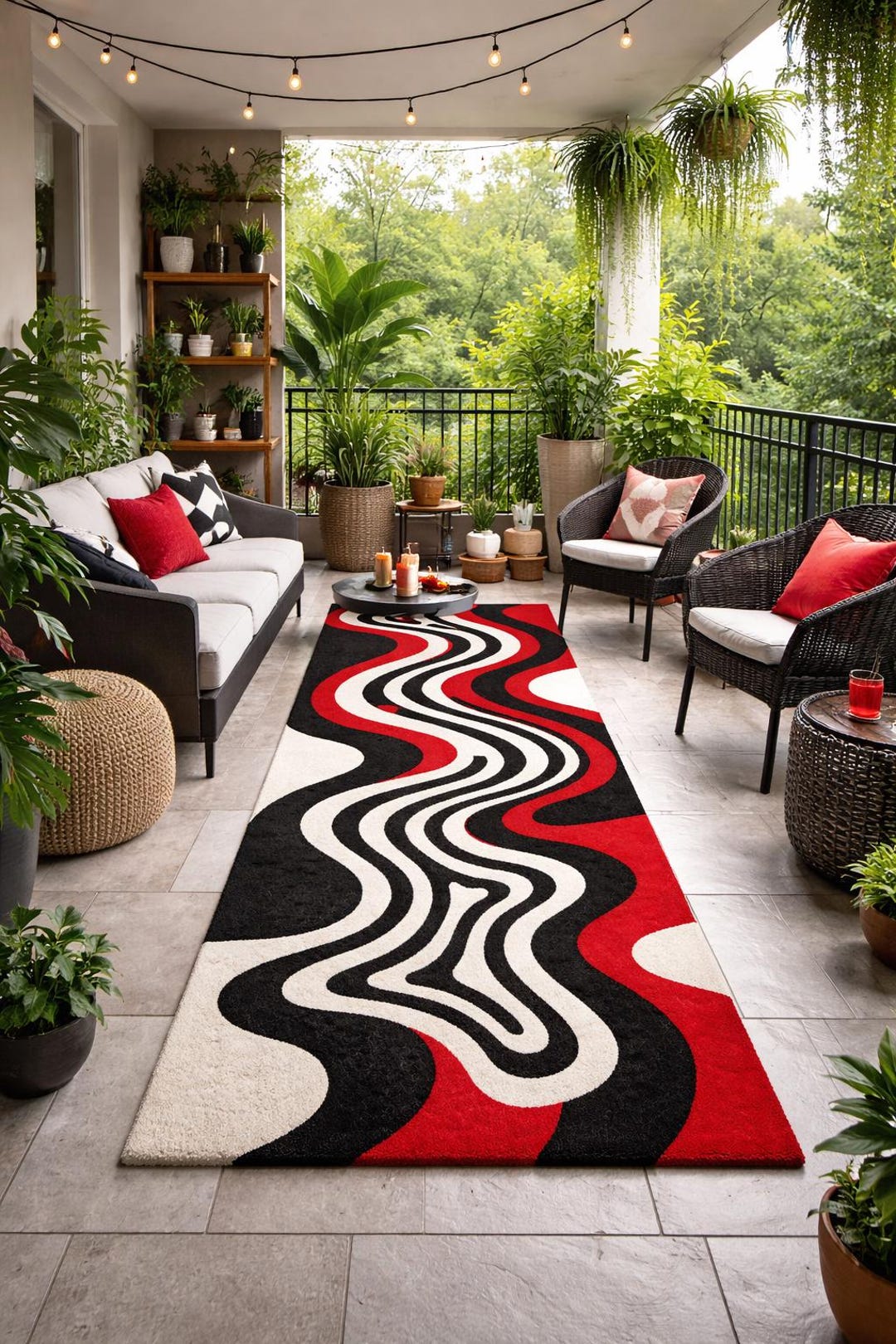 Red Wavy Rug Retro Wave Rug Hand Tufted Wool 8x10/9x12 Red Black Cream Abstract ...