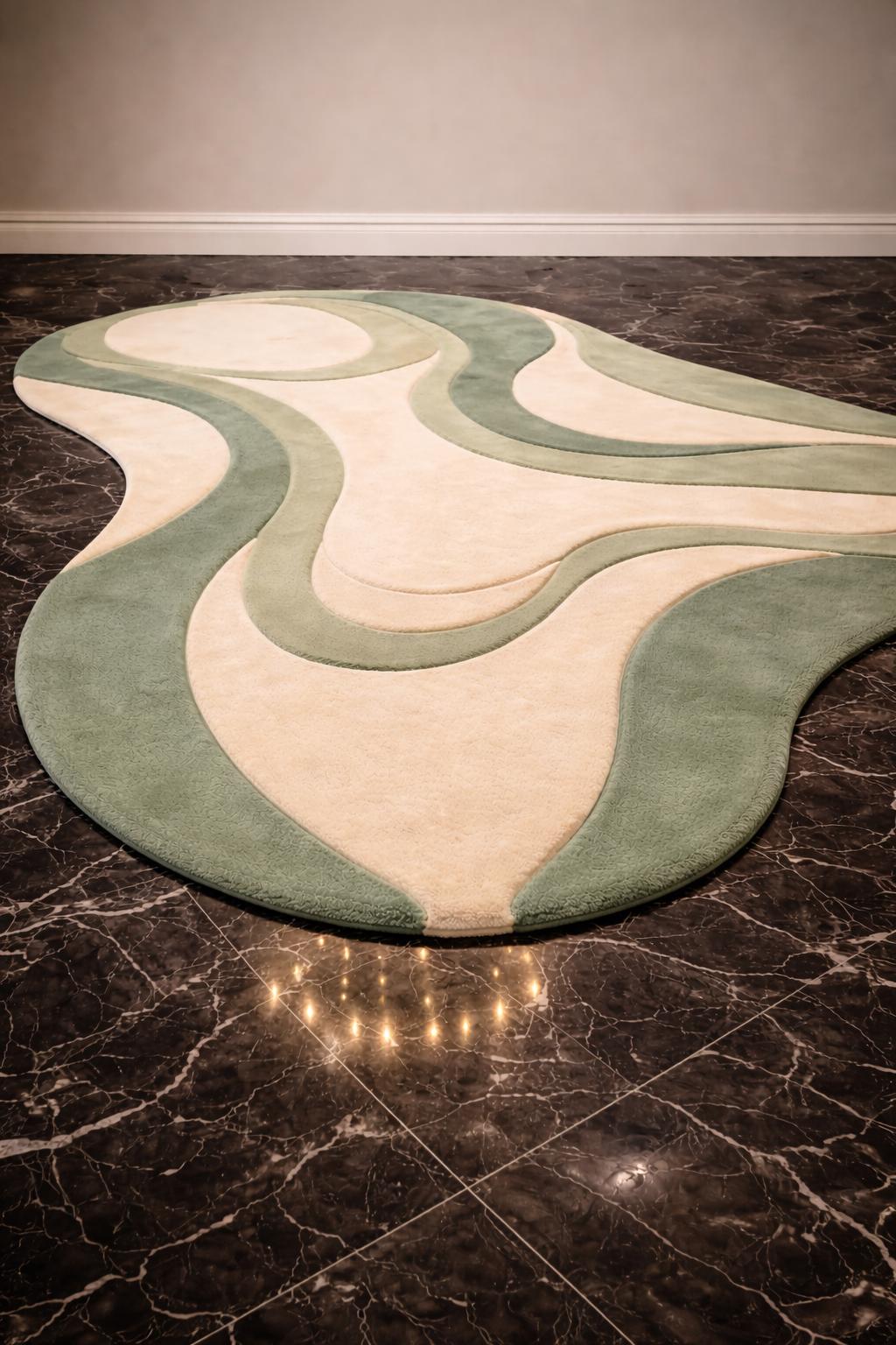 Sage Green Ivory Hand Tufted Wool Area Rug Organic Freeform Wave Modern ...