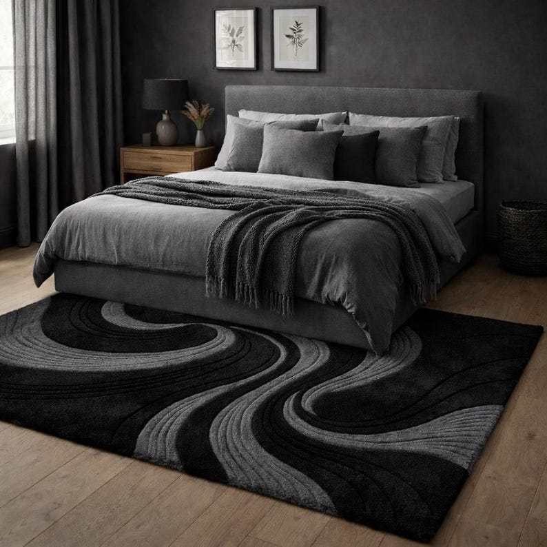 Modern Abstract Wave Rug Hand Tufted Wool Rug Black Gray Area Rug ...