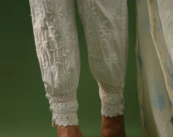 Pantalones afganos Chikankari en suave tela de algodón bordados a mano, talla única, con bolsillos