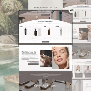 May include: A website design for a skincare brand, featuring a clean, modern layout with product displays and lifestyle imagery. The site includes the text "skincare for the soul" and "Revitalise your life". The color palette is neutral with shades of gray and white.