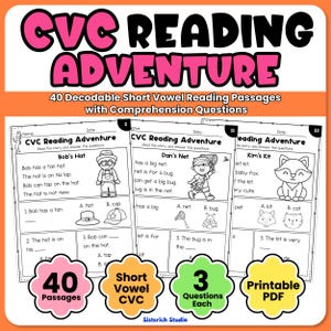 May include: A CVC Reading Adventure educational resource featuring 40 decodable short vowel reading passages with comprehension questions. The printable PDF includes worksheets titled Bob's Hat, Dan's Net, and Kim's Kit with black and white illustrations.