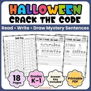 Op de afbeelding: Een Halloween Crack the Code educatieve activiteitenset met een codesleutelblad en twee werkbladen met mysteriesommen om te lezen, schrijven en tekenen. De pagina's bevatten zwart-wit illustraties van alfabetklanken en vakjes.