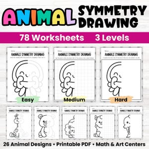 Puede incluir: Un conjunto de 78 hojas de trabajo de dibujo de simetría animal en formato PDF imprimible, con 26 diseños de animales únicos en 3 niveles de dificultad etiquetados como Easy, Medium y Hard. Cada página incluye un campo de nombre.