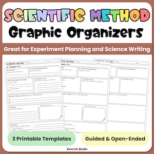 Puede incluir: Tres plantillas imprimibles de organizadores gráficos del método científico con secciones para título del experimento, pregunta, hipótesis, procedimiento, resultados y conclusión. El texto dice Scientific Method Graphic Organizers, Great for Experiment Planning and Science Writing, 3 Printable Templates, Guided & Open-Ended y Sisterich Studio.