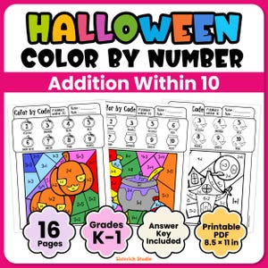 May include: Halloween Color by Number Addition Within 10 worksheets featuring three pages with math problems and illustrations of a pumpkin, a cauldron, and a haunted house. Includes 16 pages, grades K-1, answer key, and 8.5 x 11 inch printable PDF.