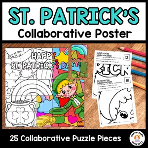 Op de afbeelding: Een St. Patrick's Day collaboratieve posterset met 25 puzzelstukjes. De afbeelding toont een gedeeltelijk geassembleerde kleurrijke illustratie van een kabouter, regenboog en pot met goud. Tekst bevat "St. Patrick's" en "Happy St. Patrick's Day!"