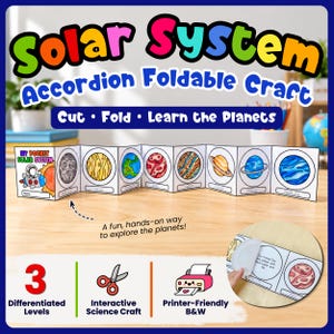 Può includere: Un progetto manuale a fisarmonica sul sistema solare con illustrazioni colorate dei pianeti, tra cui Mercurio, Venere, Terra, Marte, Giove, Saturno, Urano e Nettuno. L'oggetto in carta include etichette, un disegno di un razzo e alette interattive.