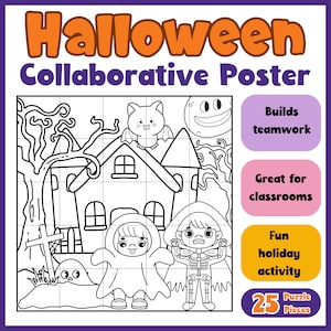 May include: A Halloween collaborative poster featuring a black and white line art grid of a haunted house, a bat, a moon, and two children in costumes. The text reads Halloween Collaborative Poster, Builds teamwork, Great for classrooms, Fun holiday activity, and 25 Puzzle Pieces.