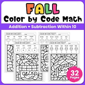 May include: A set of 32 pages of Fall Color by Code Math worksheets featuring addition and subtraction within 10. The black and white activity sheets include illustrations of leaves, acorns, apples, and scarecrows with math problems to solve.