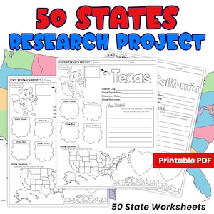 May include: A 50 States Research Project printable PDF set featuring black and white worksheets. Each page includes a cartoon fox, a blank state flag, fields for capital city, population, statehood date, nickname, fun facts, and a US map.