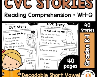 CVC Stories Reading passages comprehension questions | Decodable Short Vowel CVC