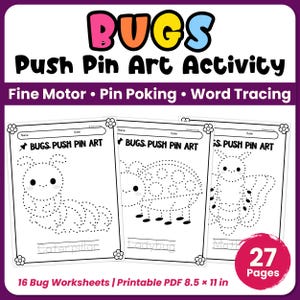 Op de afbeelding: Een digitale, printbare PDF-activiteitenset getiteld BUGS Push Pin Art Activity met 16 werkbladen voor fijne motoriek, prikken en woordjes overtrekken. Elke pagina van 21,6 x 27,9 cm toont een insect bestaande uit stippellijnen.