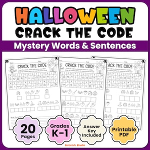 May include: A Halloween-themed educational activity set titled Crack the Code with Mystery Words and Sentences. The printable PDF includes 20 pages for grades K-1, featuring worksheets with letter-to-icon cipher keys and Halloween-themed graphics.