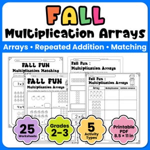 Fall Multiplication Arrays Worksheets 2nd 3rd Grade, Repeated Addition Matching Activities, Autumn Math Printable PDF, Homeschool