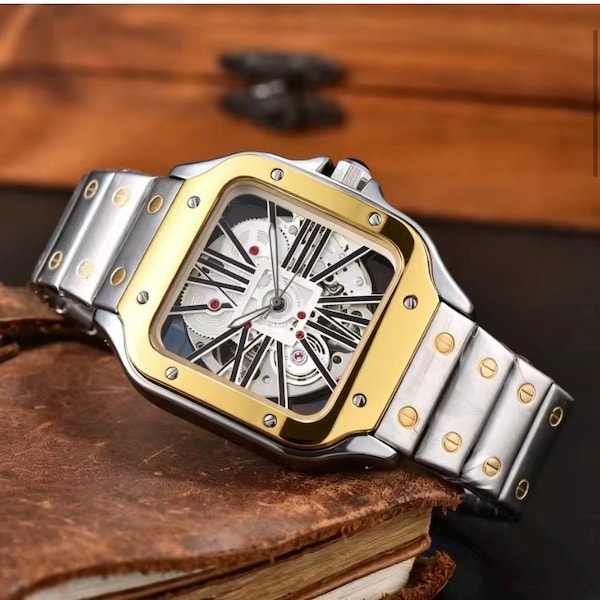 Montre automatique squelette de luxe | Acier inoxydable bicolore or et argent | Montre mécanique à boîtier carré | Montre pour homme avec cadran d'exposition