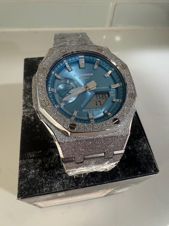 Luxury G-SHOCK GA-2100 Bust Down Silver Blue Custom Frosted Hip