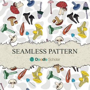 Puede incluir: Un diseño de patrón sin costuras con varias ilustraciones de setas coloridas sobre un fondo blanco. El diseño incluye setas rojas, marrones, amarillas y verdes, con el texto "SEAMLESS PATTERN" y el logotipo de Doodle Scholar.
