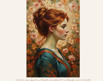 Retrato floral femenino – Arte femenino estilo pintura al óleo romántica, lámina decorativa de pared botánica vintage (Descarga digital)