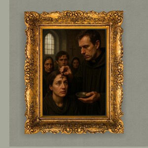 May include: A framed painting in an ornate gold frame. The artwork shows a religious ceremony, with a priest marking a woman's forehead with ash. Other figures are visible in the background. The setting is a dimly lit interior.