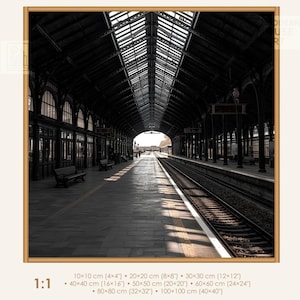 Könnte beinhalten: Gerahmtes Schwarz-Weiß-Foto eines Bahnhofsinnenraums. Das Bild zeigt eine lange Perspektive des Bahnsteigs, der Gleise und der Dachkonstruktion. Der Bahnhof hat ein Vintage-Design mit gewölbten Fenstern und einem Glasdach. Erhältlich in verschiedenen Größen, von 10x10 cm bis 100x100 cm.