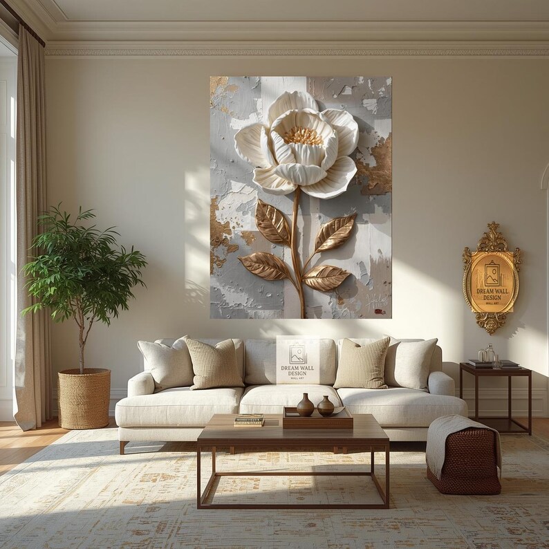 Luxury White Flower 3D Art Print – Elegant Gold Leaf Textured Wall Art ...