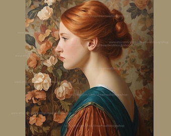 Portrait de femme floral - impression d'art de style peinture à l'huile vintage (téléchargement numérique)