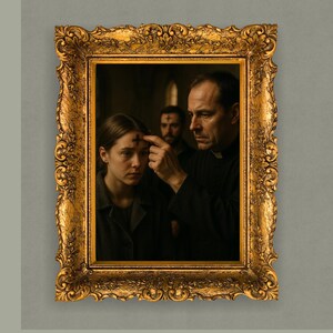 May include: A framed portrait in an ornate gold frame. The image shows a religious scene with a priest marking a cross on a woman's forehead. Another man is in the background. The image has a dark, serious tone.