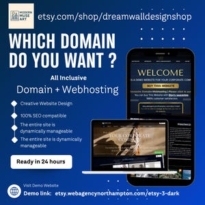 Op de afbeelding: Een promotieafbeelding voor website-ontwerpdiensten. De tekst luidt "WHICH DOMAIN DO YOU WANT?" en "Domain + Webhosting." Een smartphone en laptop tonen website-mockups. De afbeelding bevat de Etsy shop URL en de tekst "Ready in 24 hours."