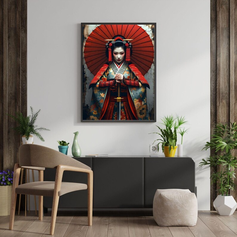 Samurai Geisha Warrior Wall Art – Elegant Japanese Woman With Red ...