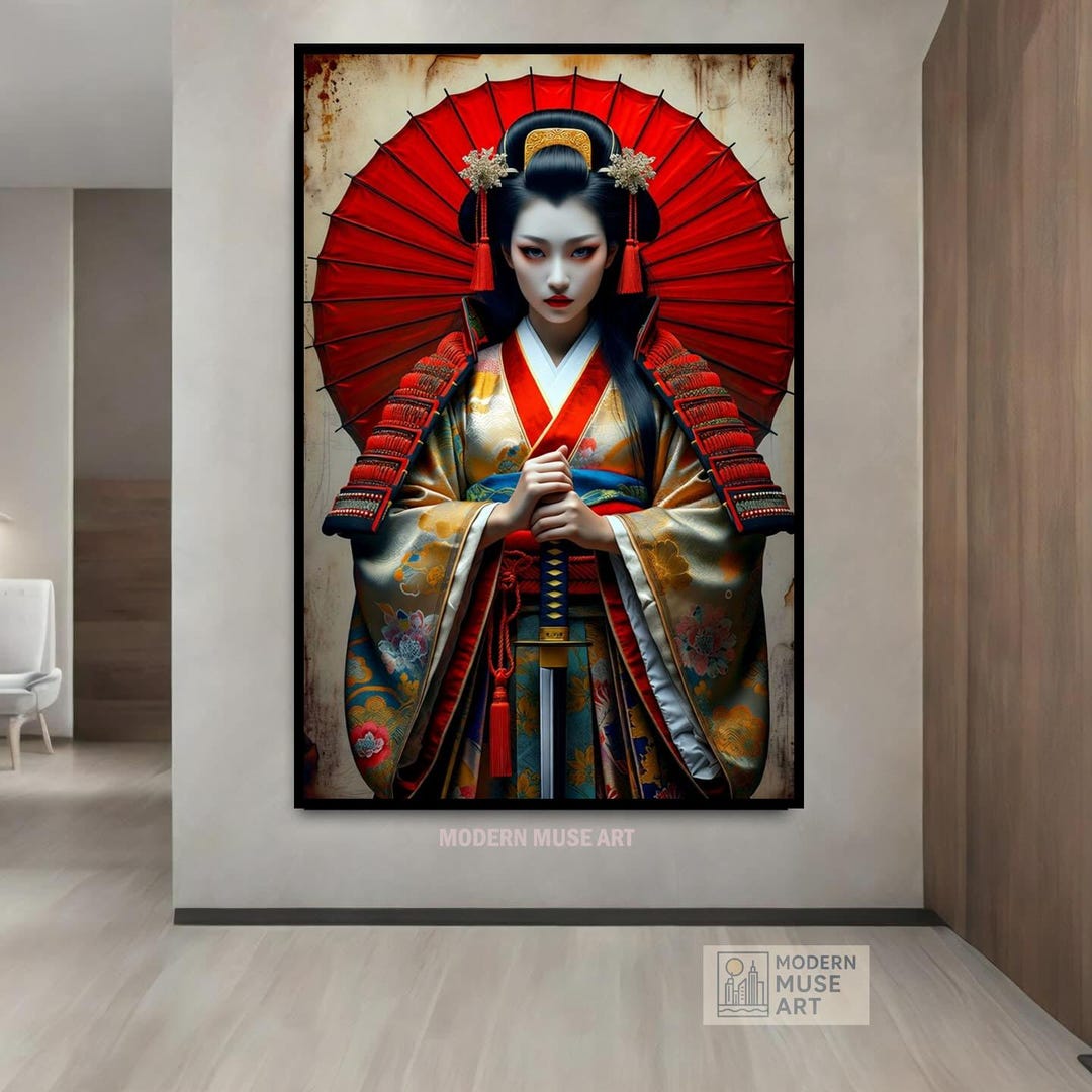 Red Samurai Geisha Wall Art – Elegant Japanese Warrior Woman With ...