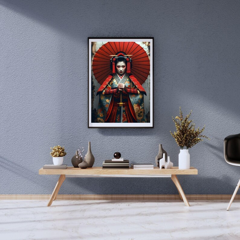 Samurai Geisha Warrior Wall Art – Elegant Japanese Woman With Red ...