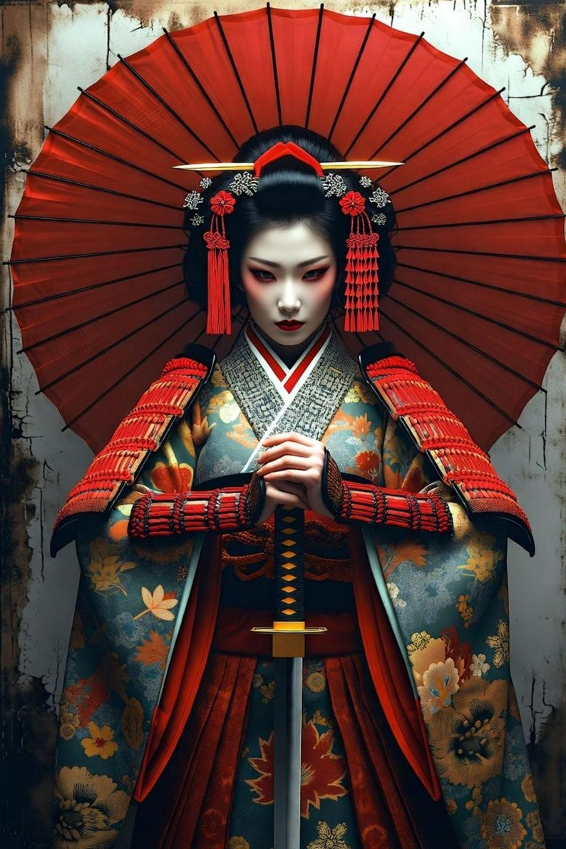 Samurai Geisha Warrior Wall Art – Elegant Japanese Woman With Red ...