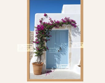 Greek Blue Door & Bougainvillea Art Print: Mediterranean Door Home Decor Wall Art (Digital Download)