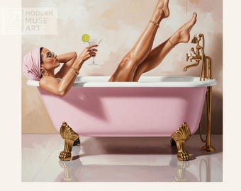 May include: A painting depicts a woman in a pink bathtub, holding a cocktail. Her legs are raised, adorned with gold anklets. The tub has ornate gold feet and a matching faucet. The artwork is labeled "MODERN MUSE ART" and includes size options from 4x4 inches to 40x40 inches.